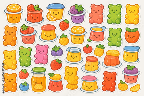Colorful assorted gummy bears and fruit-themed jelly cups on white background