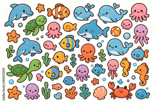 Colorful cartoon sea creatures including dolphins, turtles, octopuses, fish, and crabs