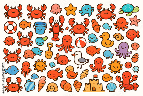 Colorful beach cartoon creatures and fun sea animals with sandcastle