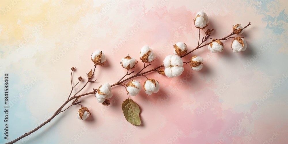 Fototapeta premium Top view of cotton branch with green leaf on vibrant table surface, suited for editorial header background