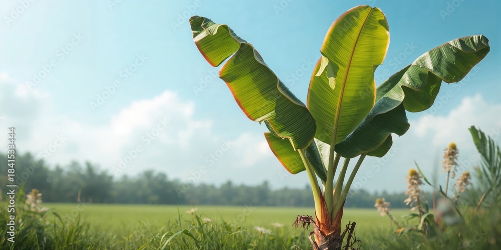 Fototapeta premium Closeup of a banana plant healthy foliage, suitable for tropical agriculture analysis