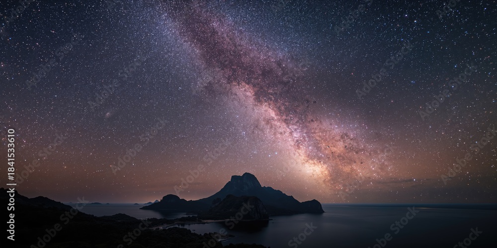 Obraz premium Night sky featuring the Milky Way galaxy and vibrant stars above an island mountain, ideal for nature and astronomy scenes