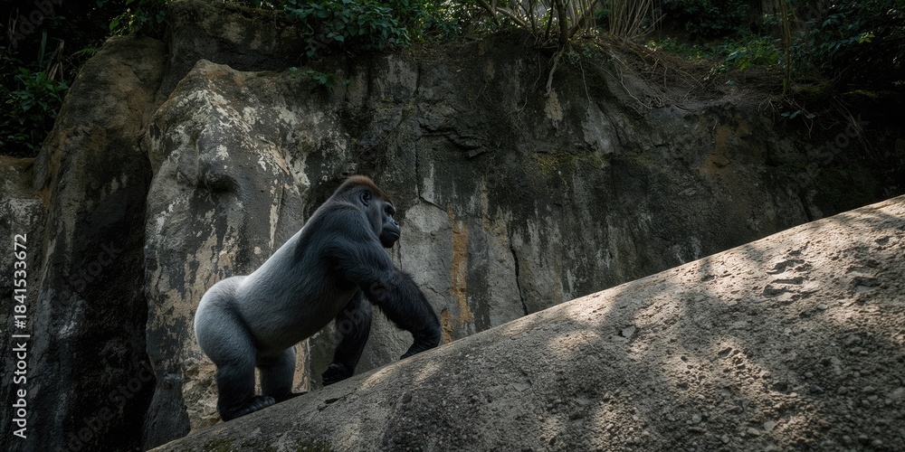 Obraz premium Gorilla navigating rocky terrain on all fours, natural movement and adaptability