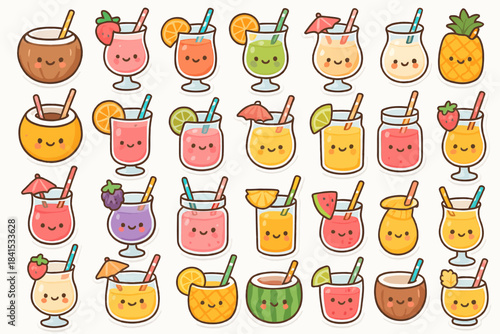 Cute cartoon fruit drinks with smiling faces and tropical decorations