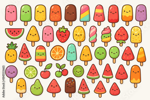 Cute cartoon popsicles and fruit pattern with smiling faces