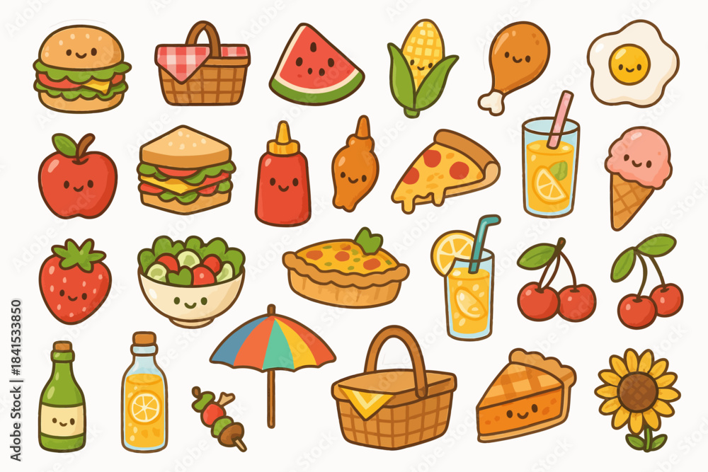 Fototapeta premium Cute cartoon picnic foods with smiling faces and fun summer elements