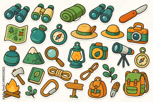 Colorful camping and hiking gear icons for outdoor adventure enthusiasts