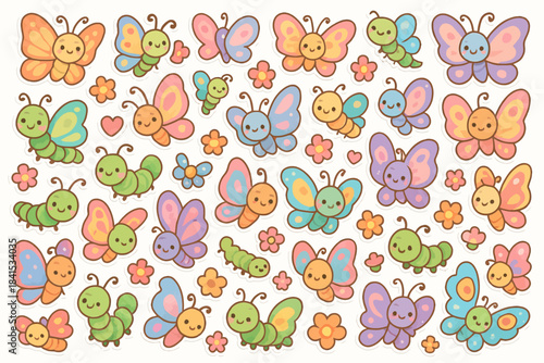 Colorful cartoon butterflies and caterpillars with flowers for kids