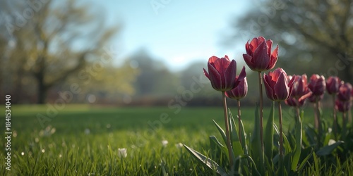 Field of spring tulips with sunlit fringed petals in deep burgundy, highlighting seasonal bloom
