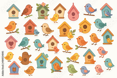 Colorful bird stickers with birdhouses on white background