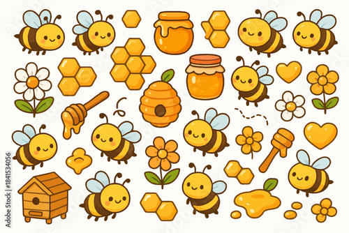 Cute cartoon bees with honeycomb, flowers, and honey jars illustration