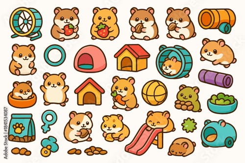 Cute hamster cartoon set with accessories and activities on white background