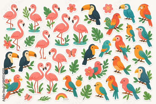 Colorful tropical birds and plants pattern with flamingos and toucans