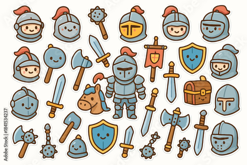 Cute cartoon medieval knights and weapons stickers set