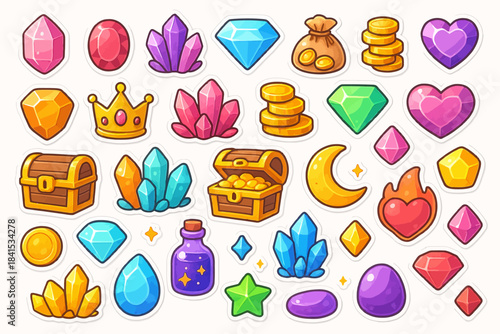 Colorful assortment of cartoon gems, coins, and symbols