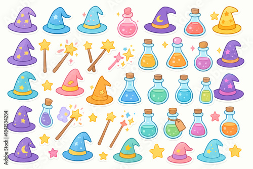 Colorful wizard hat and potion sticker collection with stars and magic wands