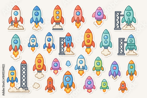 Colorful cartoon rocket ships blast off with variety of designs and launch pads