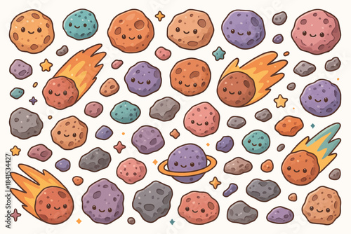 Cute cartoon asteroids and comets with smiling faces in outer space