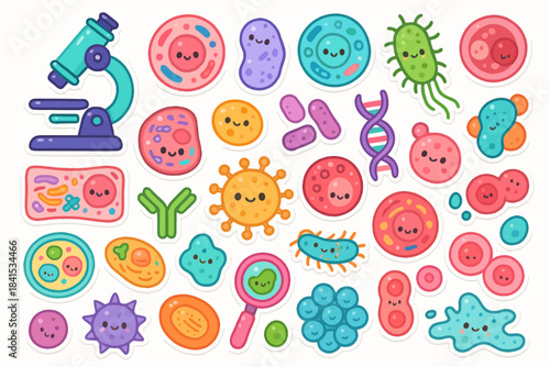 Colorful cartoon microorganisms and lab equipment in a fun educational illustration