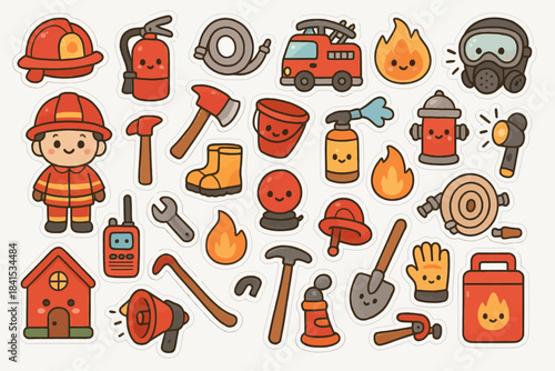 Cute cartoon firefighter and equipment stickers