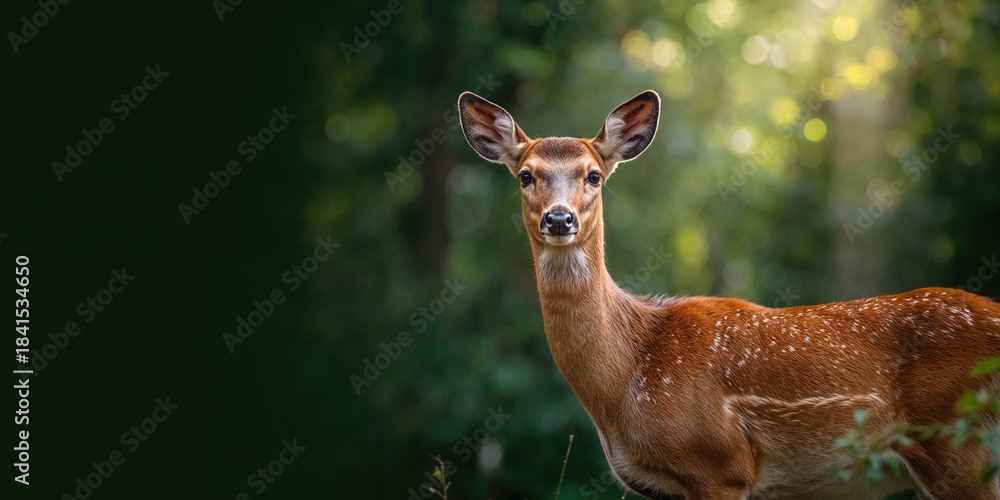 Fototapeta premium Female red deer in a forest setting natural habitat, autumn seasonal change