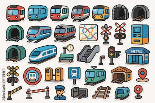 Colorful transportation stickers featuring trains, tracks, and signage