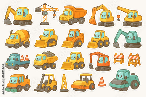 Cute cartoon construction vehicles collection with smiling faces