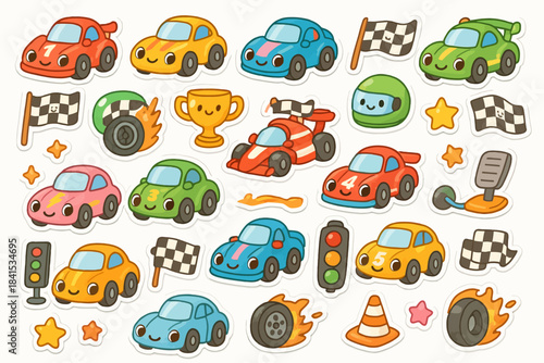 Colorful cartoon race cars and accessories with cute designs for kids
