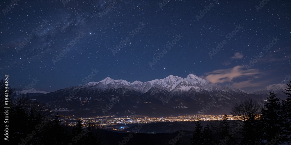 Obraz premium Night sky with shimmering stars over snow-covered mountain ridges and illuminated urban landscape, seasonal change awareness