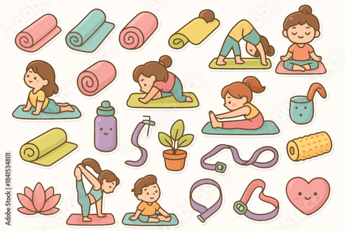 Cute cartoon yoga poses and accessories with adorable characters