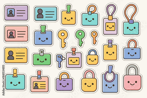Cute cartoon id badges and locks with smiley faces in pastel colors