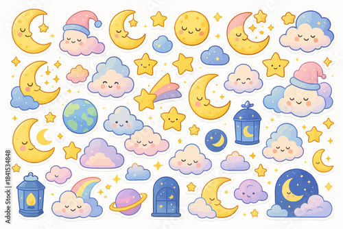 Cute cartoon celestial elements featuring moons, stars, planets, and clouds