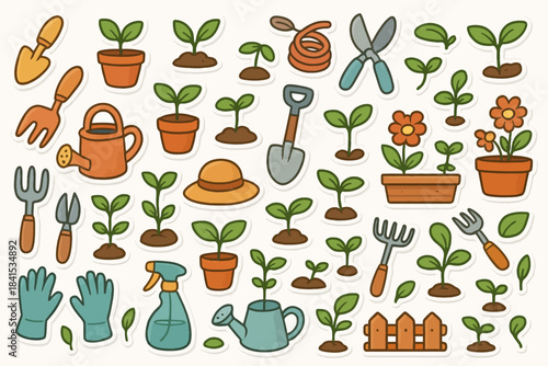 Gardening tools and plant icons featuring gloves watering can flowers and seedlings
