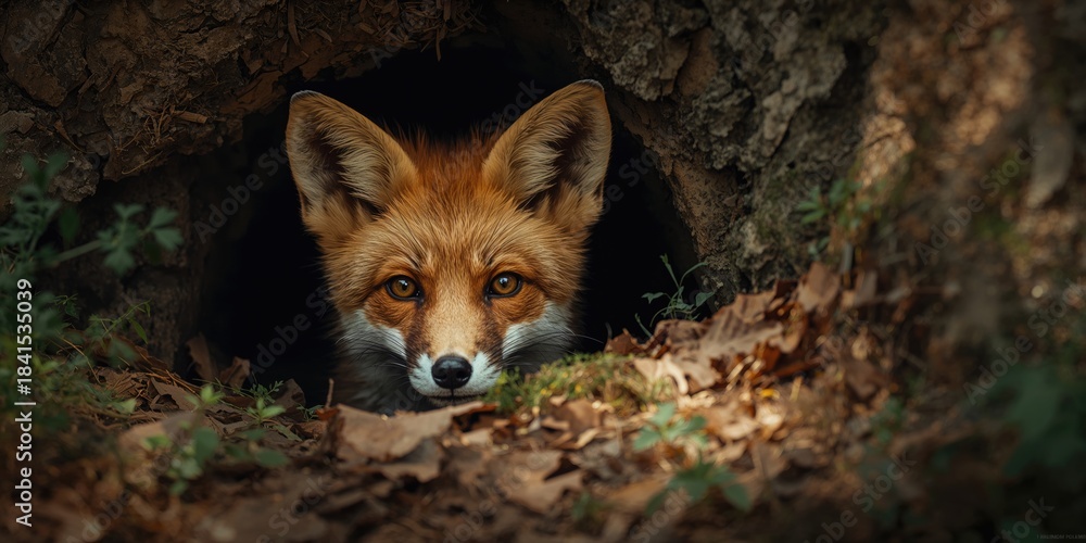 Naklejka premium Detailed shot of a juvenile fox emerging from its burrow, highlighting animal curiosity and habitat