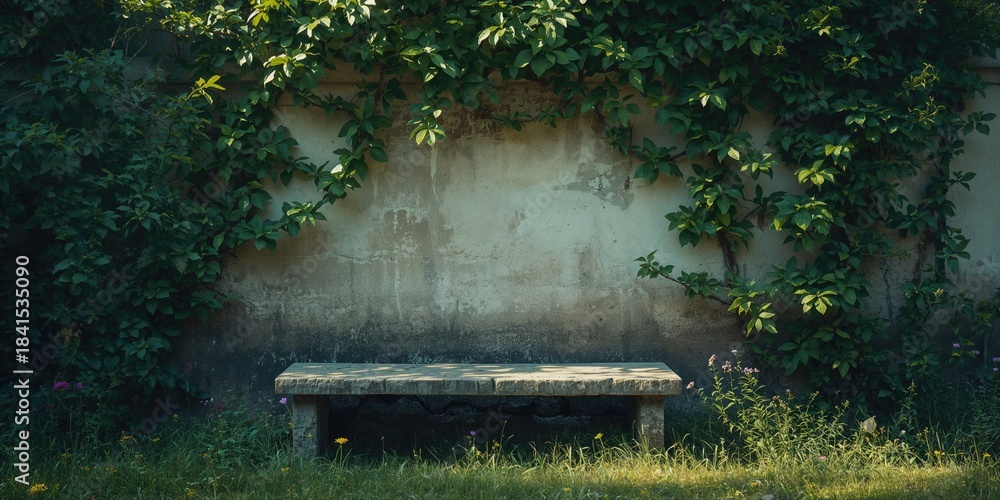 Obraz premium Old building wall with a stone bench for urban decay or historical site maintenance focus