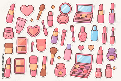 Cute makeup stickers collection of cosmetic illustrations in pink and pastel colors