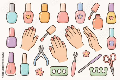 Colorful nail care tools and polish collection with hand illustrations