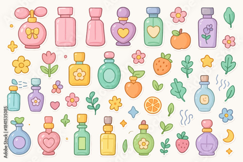 Colorful collection of perfume bottles and floral elements in pastel shades