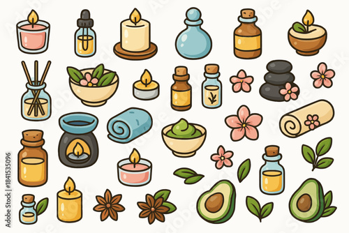 Spa and aromatherapy items: candles, oils, avocado, and flowers for relaxation