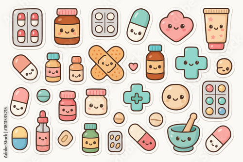 Cute cartoon medicine stickers collection with adorable faces