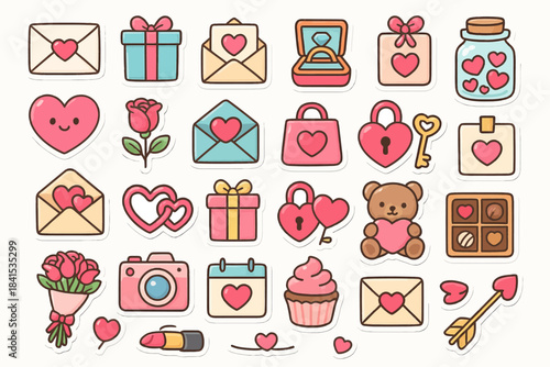 Cute love themed icons featuring hearts, gifts, and romantic elements
