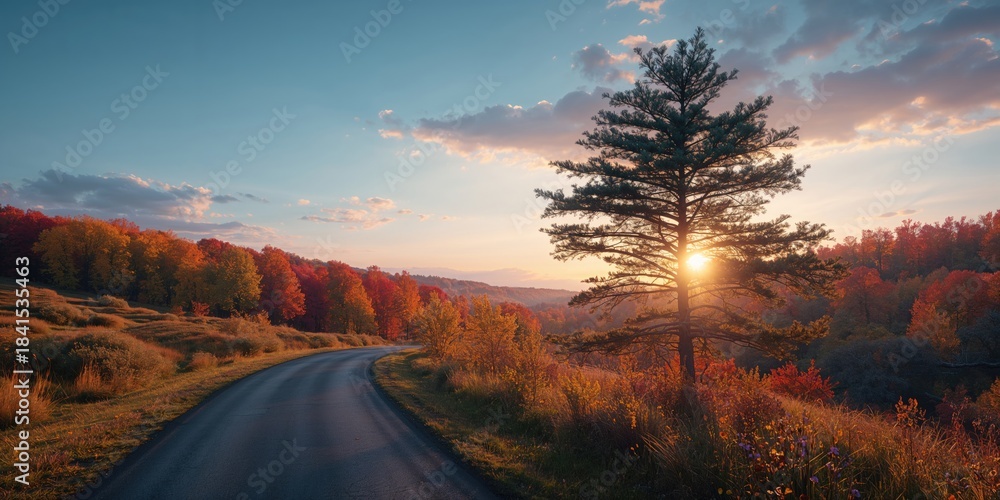 Naklejka premium Colorful fall foliage at dusk, highlighting seasonal transition