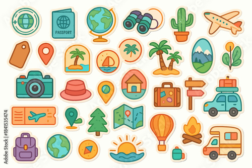 Colorful travel icons set: passport, camera, globe, adventure elements