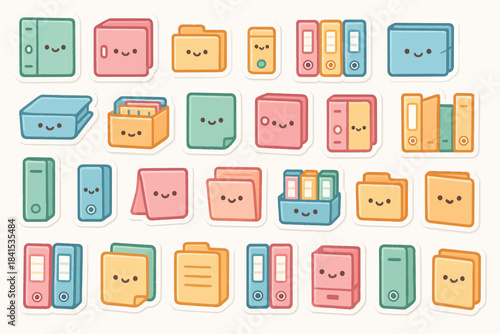 Cute kawaii office supplies with faces: colorful files, binders, and folders