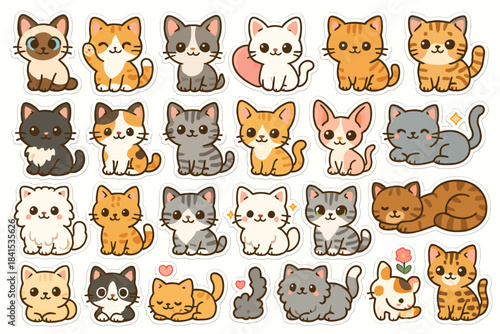 Colorful collection of adorable cartoon cat stickers in various cute poses