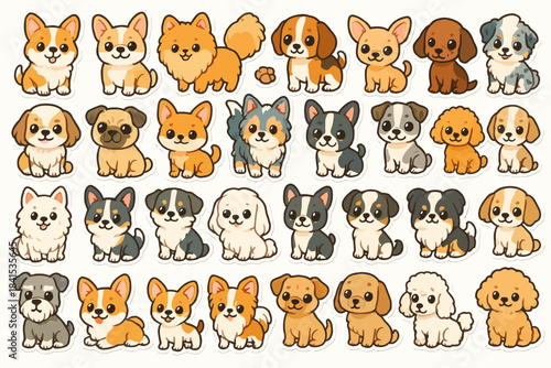 Cute cartoon dog collection: playful puppy variety with different breeds