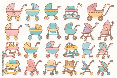 Colorful collection of baby strollers and walkers in pastel shades