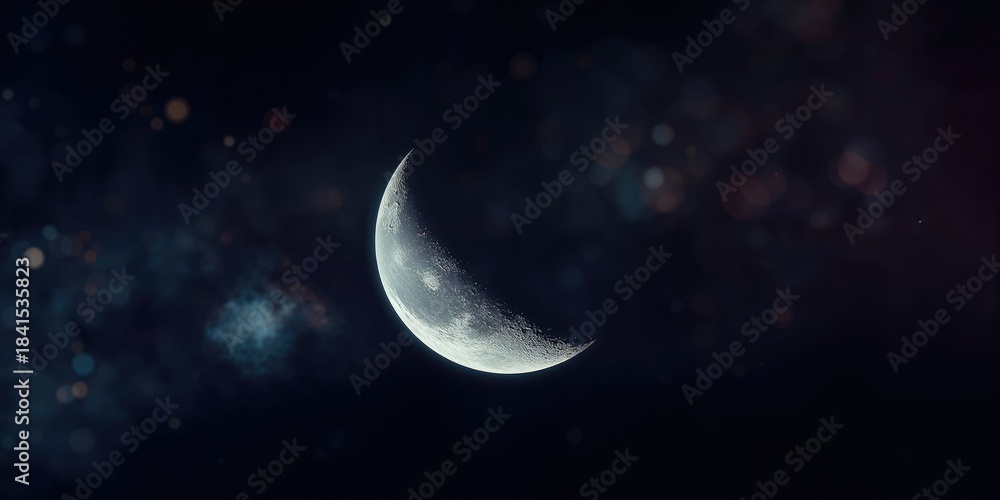 Obraz premium Black background featuring a crescent moon and craters, serving as a UI backdrop for celestial-themed content, Night Sky Week
