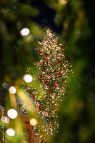 Illuminated and decorated Christmas tree outdoor in a town. Sparkling light and decoration on Christmas tree.