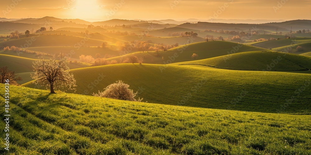 Naklejka premium Agricultural landscape at sunset with sown fields in spring, lush lawns, and flowering trees, suitable as a rural background for editorial layouts
